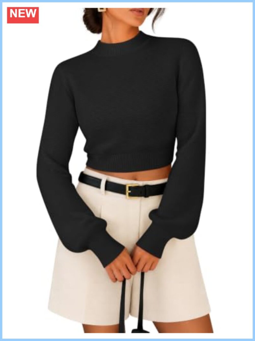 Cropped Mock Neck Ribbed Knit Pullover Sweater Slim Fit Long Sleeve